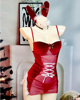 Women's Sexy Naughty Christmas Rabbit Cosplay Slip Dress & Thong Lingerie Underwear Costume